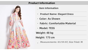 Detailed size guide and fit specifications for the floral midi dress with high neck