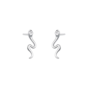 Minimalist S925 silver snake stud earrings with white zircon accents on white background