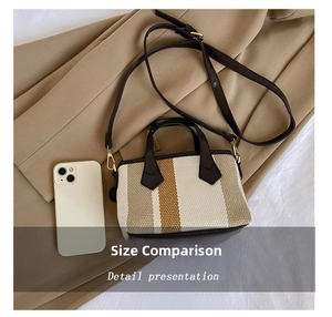 Detail view of mini striped canvas bag showing fine fabric texture and golden hardware