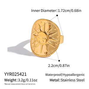 Detailed size specifications of retro sun face ring in 18K gold plated stainless steel