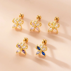 Golden flower earrings with colorful marquise zircon stones and secure screw-back posts