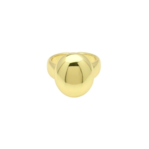 Detail shot of wide gold ring featuring a smooth polished oval dome minimalist design