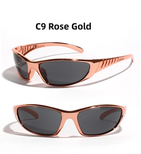 Detailed views of rose gold wraparound sports sunglasses with dark tinted lenses