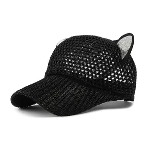 Breathable black mesh baseball cap for women with sparkly sequin cat ears decoration