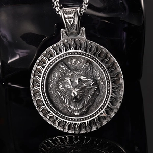 Vintage stainless steel Viking wolf head pendant necklace with round medallion in silver finish