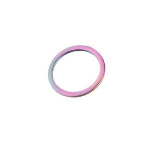 Minimalist rainbow iridescent stainless steel circle ring with 25mm diameter on white background