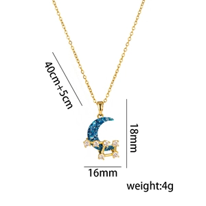 Titanium gold moon necklace with blue starry texture and crystals, 45cm adjustable chain