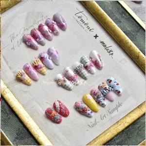 5D embossed rabbit and floral nail art stickers in cream white and pink salon style
