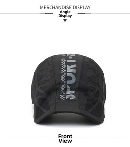 Front view of black breathable outdoor sport flat cap with mesh panels and SPORT logo
