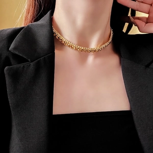 French style gold multi-row rhinestone square choker necklace for women worn with suit