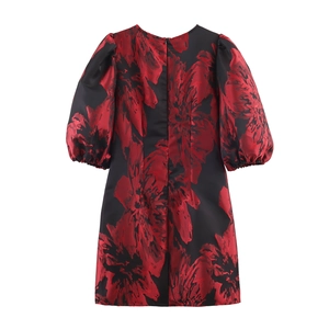 Robe courte rétro en jacquard à motifs floraux rouges et manches bouffantes sur fond blanc