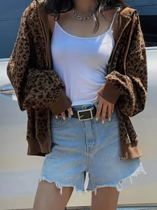 Women's leopard print corduroy hoodie jacket with full zip and loose casual long sleeve fit