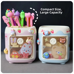 Desktop organizer shaped like a pink and blue cartoon washing machine for pens and stationery