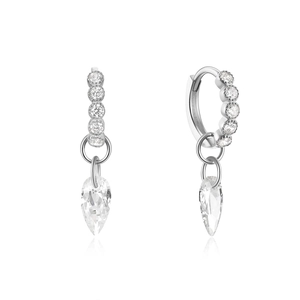 Detail of S925 silver earring with heart drop and white zircon in luxury vintage style