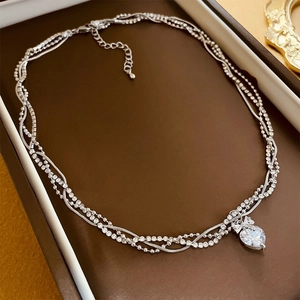 Heart Pendant Necklace Multi Layer Copper Zircon Rhinestone Bowknot Clavicle Chain Jewelry For Women
