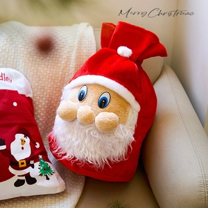 Grand sac cadeau Père Noël en peluche rouge avec pompon en fausse fourrure et cordon