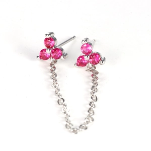 Pink gemstone flower double ear studs with silver chain connection for two piercings