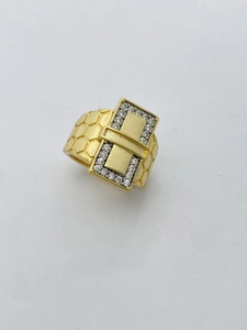 Gold plated wide band ring with rectangle buckle and clear zircon pave stones