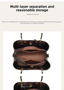 Top view of tote bag interior showing multi-compartment storage and brown stripe lining