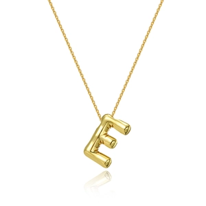 Detail of a shiny 18K gold plated puffy letter E pendant necklace on a white background