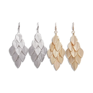 Metallic tiered leaf tassel earrings in gold and silver finish with detailed vein texture