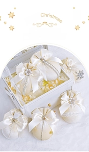 Macro view of cream velvet Christmas balls with pearls, rhinestones and satin ribbons