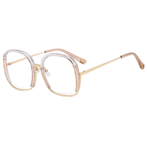 Oversized round metal glasses frame in gold and tea-brown with anti-blue light lenses
