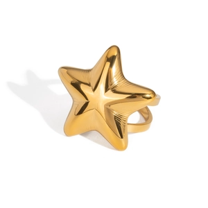 Detailed close-up of a 3D gold star ring crafted in polished titanium steel