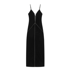 Robe Maxi En Velours Femmes Col V Sans Manches Camisole Évidé Mince Sexy Fête Club Robe Longue Noir