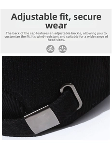 Detail of adjustable metal buckle on corduroy baseball cap for custom head sizing