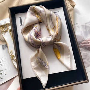 Elegant 70cm square silk scarf with vintage chain and belt print in beige and yellow