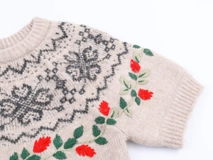 Detail of floral embroidery and geometric jacquard pattern on a beige knit sweater