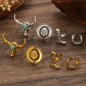 Retro western cowboy ring set featuring bull head, hat, and boot designs in gold and silver