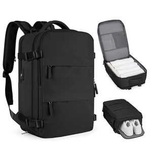 Large black travel backpack with suitcase-style opening and separate shoe compartment