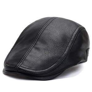 Men's black faux leather flat cap with lychee grain texture in a 45-degree side view