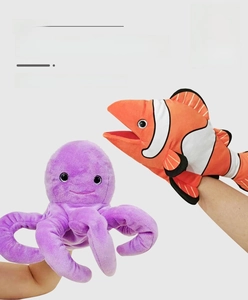 Detail of finger-controlled mouth and tentacles on ocean animal plush hand puppets