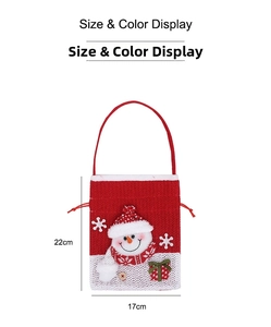 Christmas gift bag with knitted snowman pattern and size measurements of 22cm by 17cm