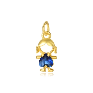 Macro detail of gold girl pendant featuring a vivid blue heart gemstone on white surface