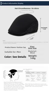 Size chart for men wool beret cap with head circumference measurements and guide