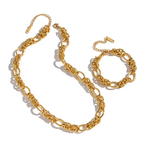 Chic 18K gold plated stainless steel knotted necklace and bracelet set on white background