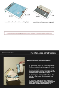 Detailed dimensions for nylon travel storage pouches and interior bag with wash care tips