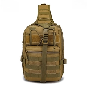 Front view of tactical nylon chest bag with MOLLE webbing and multiple zip compartments