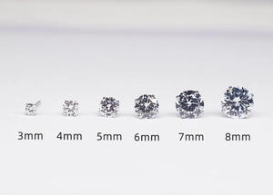 Detailed comparison of six sizes of 925 sterling silver four-prong cubic zirconia studs