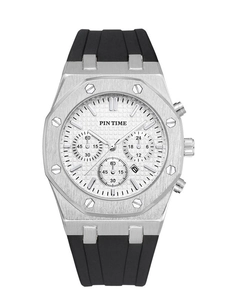 Detail of multi-function silver metal watch with white dial and three sub-dials