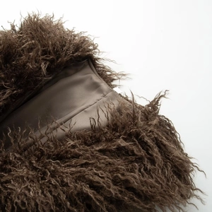 Women's winter double-breasted faux fur trench coat in dark brown plush faux sheepskin