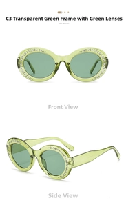 Detail view of transparent green oval sunglasses featuring sparkling rhinestone inlays