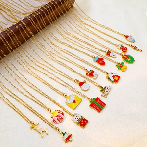 Christmas gold pendant necklaces with colorful enamel Santa and reindeer charms