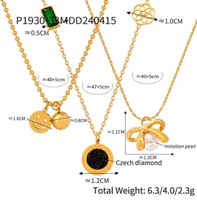 Detailed view of gold plated titanium steel necklaces with crystal pendants and pearls