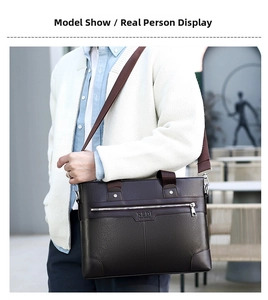 Deep brown pebbled leather briefcase featuring a zip pocket and adjustable shoulder strap