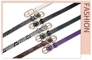 Set of seven faux snakeskin belts for women featuring elegant golden oval metal buckles
